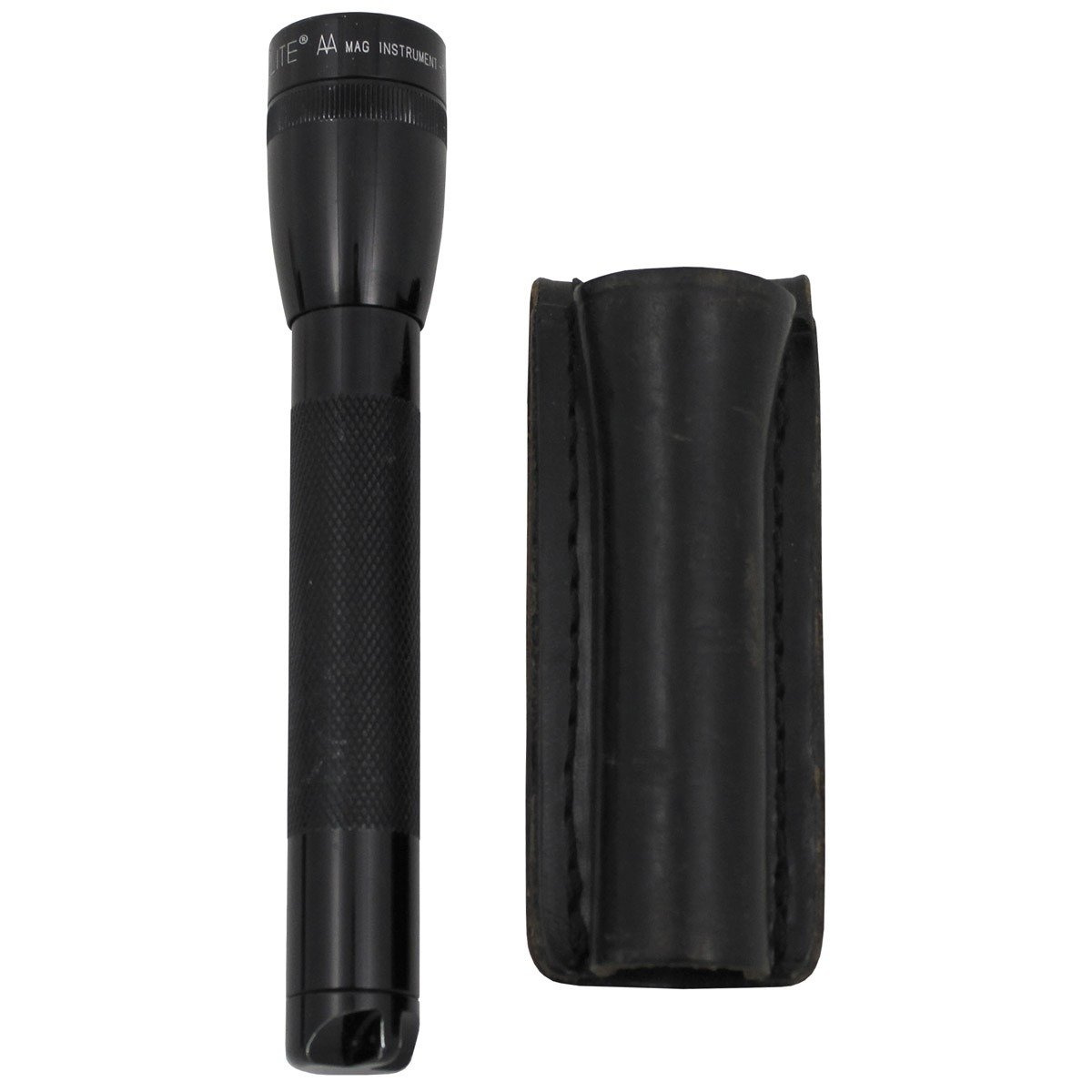 Flashlight, MAGLITE MINI, with leather belt holder, used Military