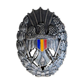 INSIGNA ACADEMIA TEHNICA MILITARA - INSERIATA - MODEL DUPA 1990 - SURPLUS MILITAR ARMATA ROMANA - METAL ARGINTAT - IN STARE BUNA