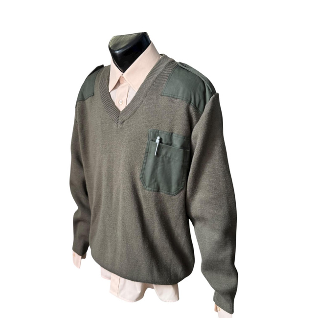 Pulover pentru tinuta de oras si serviciu, cu epoleti si guler in V - Surplus Militar Armata Romana - Verde OD - In Stare Buna
