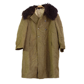 WINTER COAT, LONG, MADE OF WOOL, WITH FUR COLLAR, OLIVE GREEN - MILITARY SURPLUS FROM THE ROMANIAN ARMY - USED