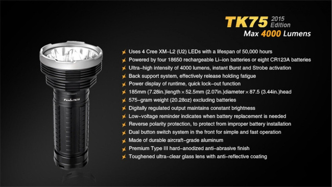 Flashlight Fenix TK75, water resistant