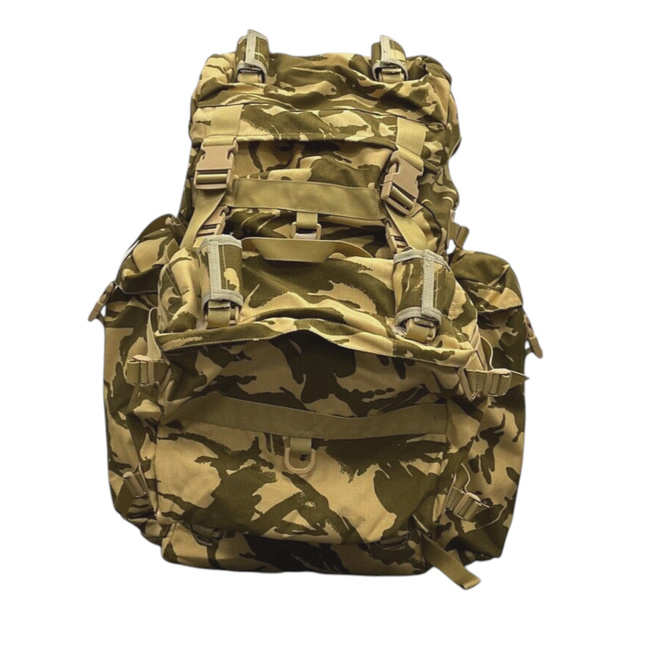 LARGE MILITARY COMBAT BACKPACK WITH POCKET, DETACHABLE OUTER POUCH - CONDOR - 90L - ROMANIAN ARMY MILITARY SURPLUS - DESERT CAMOUFLAGE - IN GOOD CONDITION