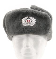 WINTER CAP WITH FUR AND BADGE - GREY - EAST GERMAN ARMY - MILITARY SURPLUS - LIKE NEW