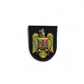 Emblema coifura oras forte terestre | bereta, boneta, basca - brodata pe suport negru cu contur negru - aplicare prin coasere