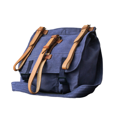 Blue military lunch bag with leather straps, post-WWII, Romanian Army Surplus - Like New