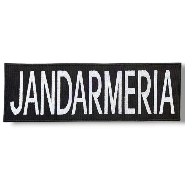 Emblema JANDARMERIA spate, pe suport negru si aplicare tip Velcro (cu scai) - 24x8 cm