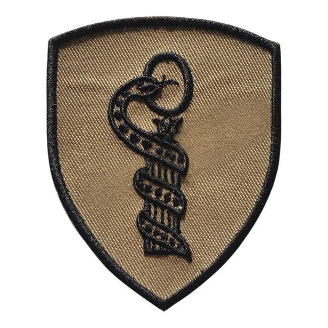 EMBLEMA SEMN DE ARMA MANECA SCUT - MEDICAL - BRODATA PE SUPORT BEJ CU FIR NEGRU