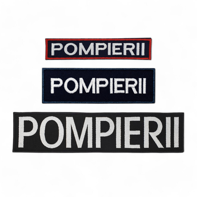 Emblema spate - POMPIERII - brodata pe suport albastru inchis (navy) cu contur rosu si text vernil fluorescent - aplicare termica - 20x5 cm