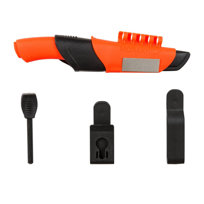 CUTIT - BUSHCRAFT SURVIVAL - CU TEACĂ, ASCUȚITOR ȘI APRINZĂTOR DE FOC - MORAKNIV® - PORTOCALIU