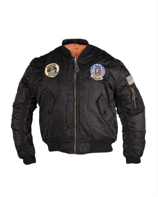 Geaca Bomber MA1 pentru copii cu patch-uri, Neagra
