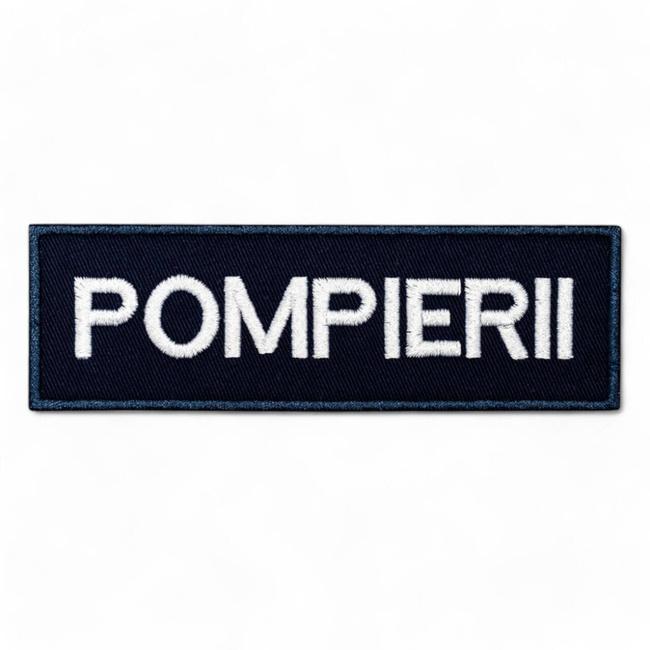 Emblema spate - POMPIERII - brodata pe suport negru cu contur bleumarin si text vernil fluorescent - aplicare prin coasere - 20x5 cm
