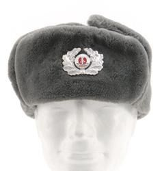 EAST GERMAN GREY WEBBING FUR WINTER CAP W/ BADGE LIKE AS NEW