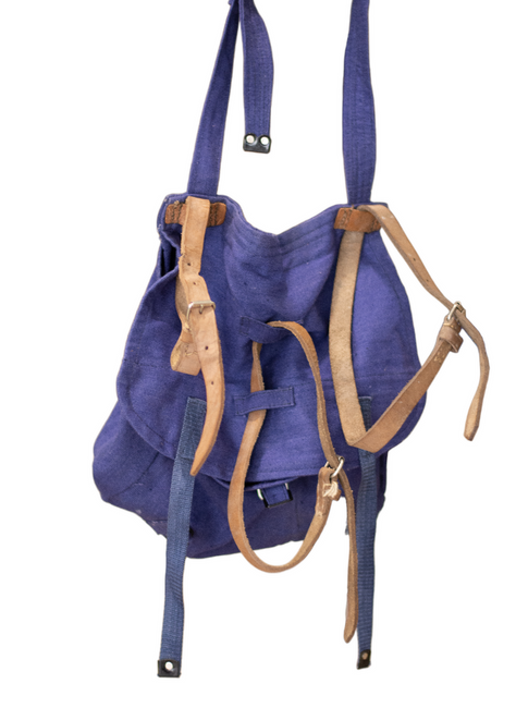 Blue military lunch bag with leather straps, post-WWII, Romanian Army Surplus - Like New