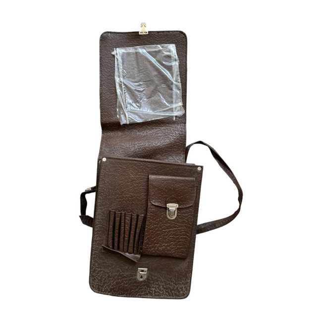 IMITATION LEATHER BAG WITH CONTENTS - MILITARY SURPLUS ROMANIAN ARMY - BROWN - IN GOOD CONDITION