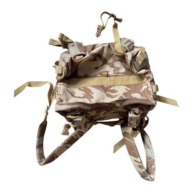 LARGE MILITARY COMBAT BACKPACK WITH POCKET, DETACHABLE OUTER POUCH - CONDOR - 90L - ROMANIAN ARMY MILITARY SURPLUS - DESERT CAMOUFLAGE - IN GOOD CONDITION