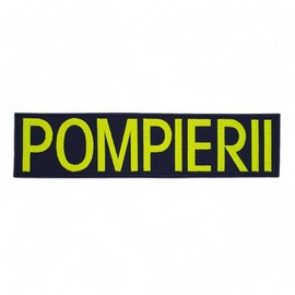 Emblema spate - POMPIERII - brodata pe suport albastru inchis (navy) cu contur bleumarin si text vernil fluorescent - aplicare Velcro (cu scai) - 20x5 cm