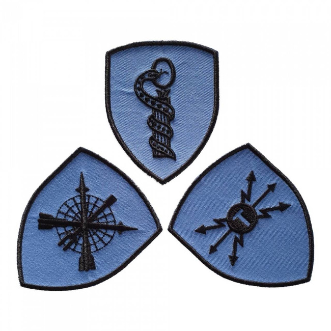 EMBLEMA SEMN DE ARMA MANECA SCUT - RADIOLOCATIE - BRODATA PE SUPORT COMBAT ALBASTRU FORTE AERIENE CU FIR NEGRU
