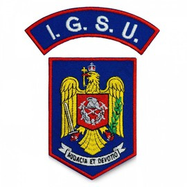 Emblemă Pompieri ISU, IGSU cu suport albastru royal și aplicare Velcro (cu scai)