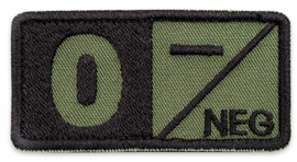 Ecuson grupa sangvină 0- negativ brodat pe khaki cu fir negru, cu aplicare tip Velcro (cu scai) - 7,5x3,5 cm
