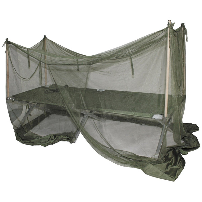 Mosquito net for camp bed with 4 wooden legs - British Army Surplus - OD Green - Used