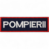 Emblema spate - POMPIERII - brodata pe suport albastru inchis (navy) cu contur rosu si text alb - aplicare Velcro (cu scai) - 28x10 cm