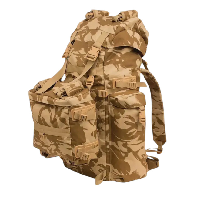LARGE MILITARY COMBAT BACKPACK WITH POCKET, DETACHABLE OUTER POUCH - CONDOR - 90L - ROMANIAN ARMY MILITARY SURPLUS - DESERT CAMOUFLAGE - IN GOOD CONDITION