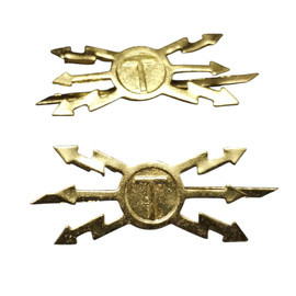 PAIR OF RANK INSIGNIA - TRANSMISSIONS - ROMANIAN ARMY MILITARY SURPLUS - GOLDEN - IN GOOD CONDITION