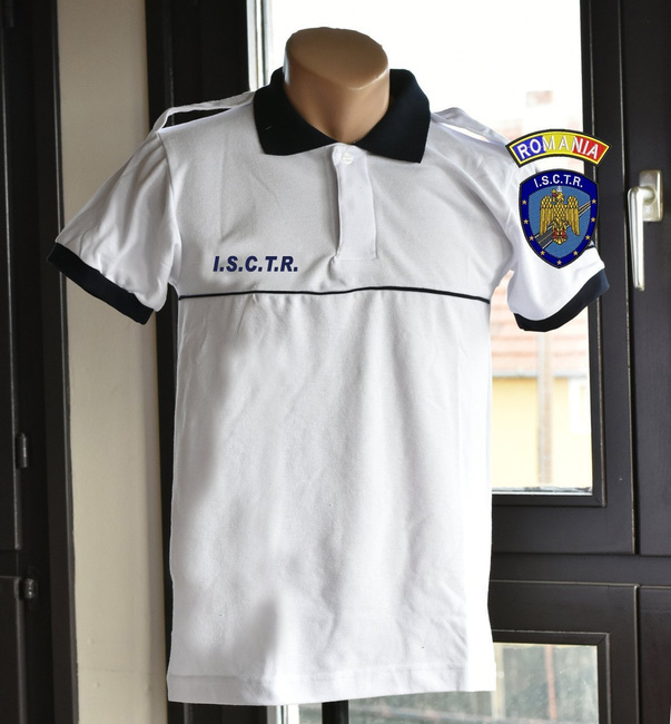 Tricou polo alb cu intersie si epoleti pentru ISCTR - Control Trafic CU EMBLEME
