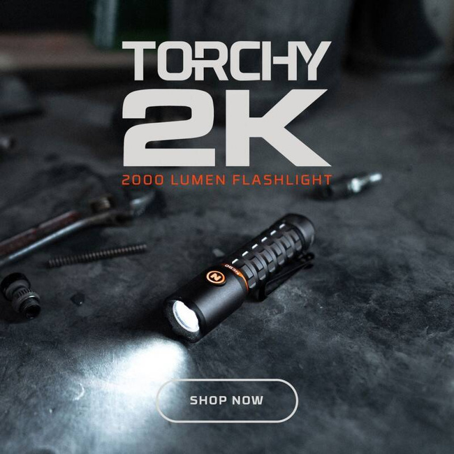 LED flashlight Nebo Torchy 2K, battery, 2000lm, 3 brightness steps, turbo function and flashing light, aluminum, IP66, grey