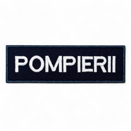 Emblema spate - POMPIERII - brodata pe suport albastru inchis (navy) cu contur bleumarin si text alb - aplicare Velcro (cu scai) - 20x5 cm