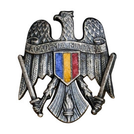 INSIGNA ACADEMIA TEHNICA MILITARA - NEINSERIATA - SURPLUS MILITAR ARMATA ROMANA - METAL ARGINTAT - IN STARE BUNA