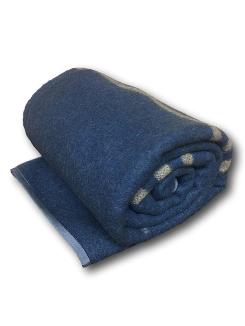 Patura Vintage din Amestec de Lana si Fibre Chimice - 140 x 200 cm - Surplus Militar Armata Romana - Albastra cu 3 Dungi Albe - In Stare Buna