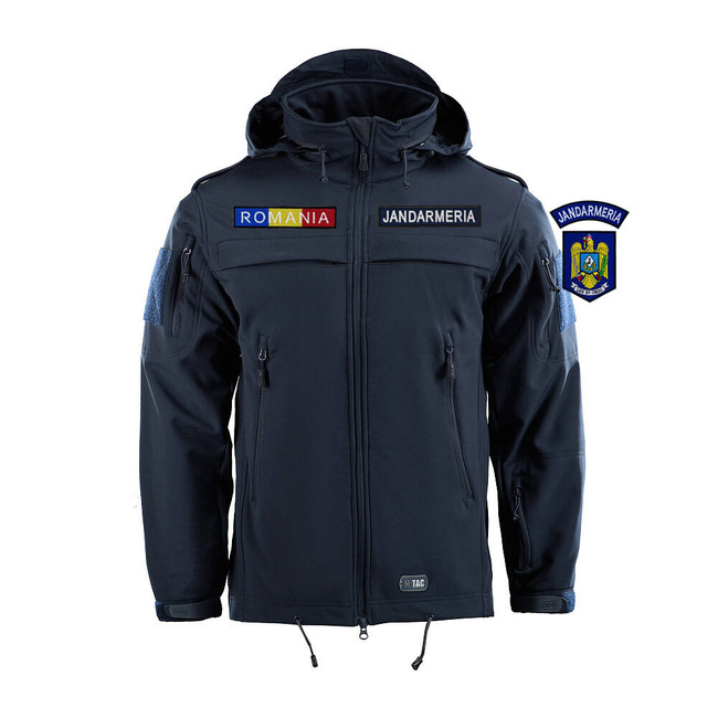 POLICE SOFTSHELL JACKET, DARK NAVY BLUE - M-TAC - WITH EMBLEMS - JANDARMERY IJJ