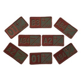 BLOOD GROUP badge B+ embroidered on khaki backing with brown thread - hook and loop application - 7 x 3,5 cm