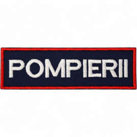 Emblema spate - POMPIERII - brodata pe suport albastru inchis (navy) cu contur rosu si text alb - aplicare termica - 28x10 cm