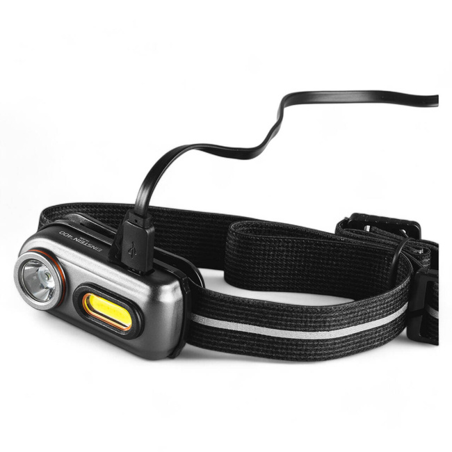 Lanterna LED frontala Nebo Einstein 400, acumulator, 400lm, 2 trepte de luminozitate, functie turbo, semnalizare rosie, IPX4, gri + negru