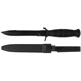 AT Survival knife, black, w/saw back, plastic sheath