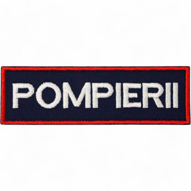 Emblema spate - POMPIERII - brodata pe suport albastru inchis (navy) cu contur rosu si text alb - aplicare Velcro (cu scai) - 28x10 cm