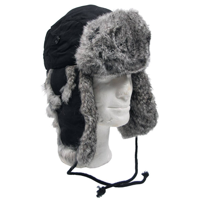 BLACK NATURAL FUR CAP WITH GREY QUILTED LINING - MFH