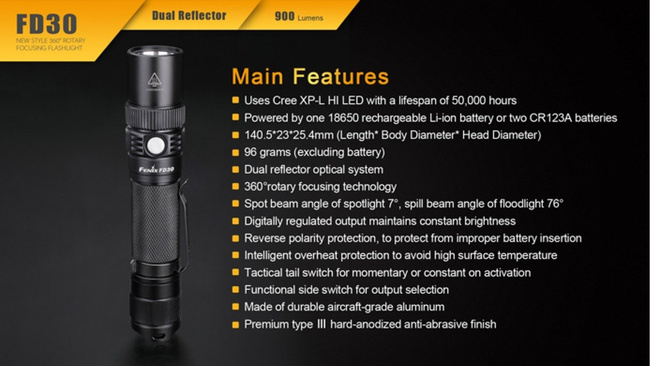 Flashlight Fenix FD30, water resistant