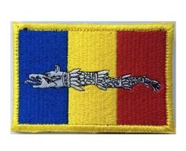 EMBLEMA MAPN - XXL PENTRU RUCSAC - 13 X 9 CM - DRAPEL ROMANIA - LUPUL DACIC - CONTUR GALBEN - APLICARE VELCRO (CU SCAI)