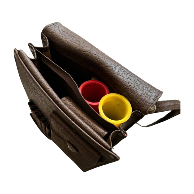 IMITATION LEATHER BAG WITH CONTENTS - MILITARY SURPLUS ROMANIAN ARMY - BROWN - IN GOOD CONDITION