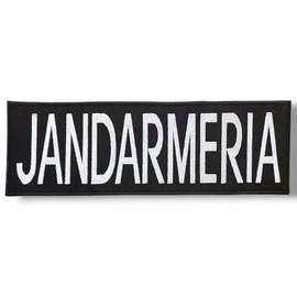 Emblema JANDARMERIA spate, pe suport negru si aplicare tip Velcro (cu scai) - 24x8 cm