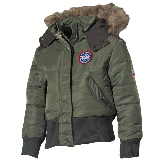 US Kids Pilot Jacket, N2B, OD verde, cu guler de blana