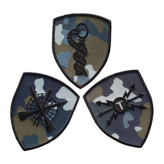 EMBLEMA SEMN DE ARMA MANECA SCUT - INGINERI - BRODATA PE SUPORT COMBAT CAMUFLAJ FORTE AERIENE CU FIR NEGRU