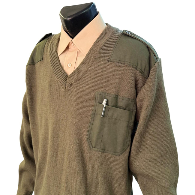 Pulover pentru tinuta de oras si serviciu, cu epoleti si guler in V - Surplus Militar Armata Romana - Verde OD - In Stare Buna