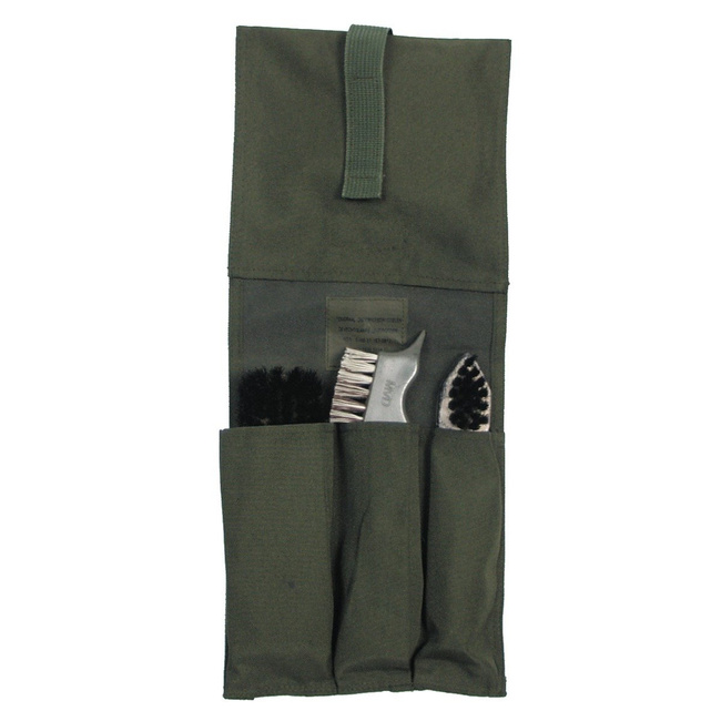 NL shoe polish bag, od green, used, with 3 brushes
