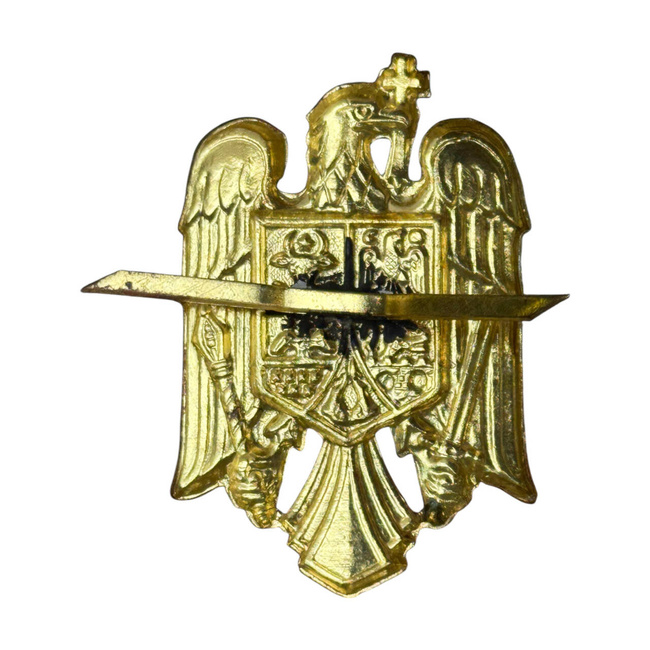 BADGE - ROMANIAN COAT OF ARMS - MILITARY TECHNICAL ACADEMY GRADUATE - ROMANIAN ARMY MILITARY SURPLUS - GOLDEN - IN GOOD CONDITION