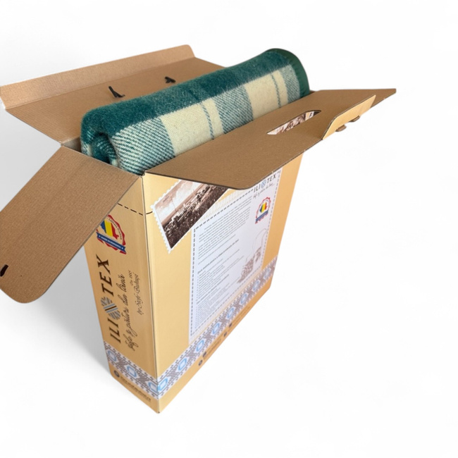 Patura din Lana Merinos cu Cutie Premium - Model Aura - Clasic - 150x200 cm - Carouri Verde Smarald/Crem