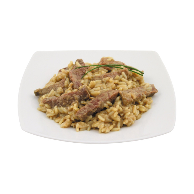 CONSERVA CU BUCATI DE CARNE DE VITA SI OREZ - 400 G - TERMEN DE VALABILITATE 10 ANI - MFH